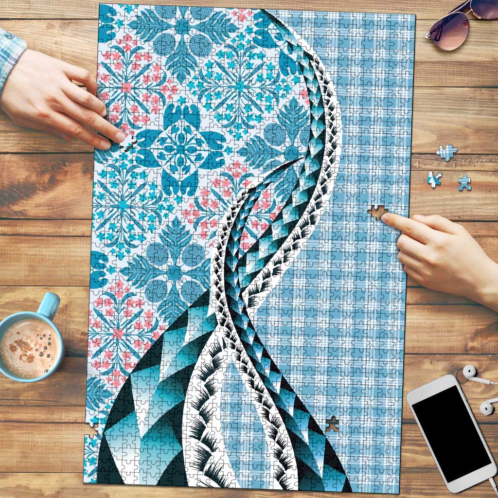 Aloha Vintage Palaka Floral Hawaiian Quilt Puzzle Uliuli Motif LT9 Blue - Polynesian Pride