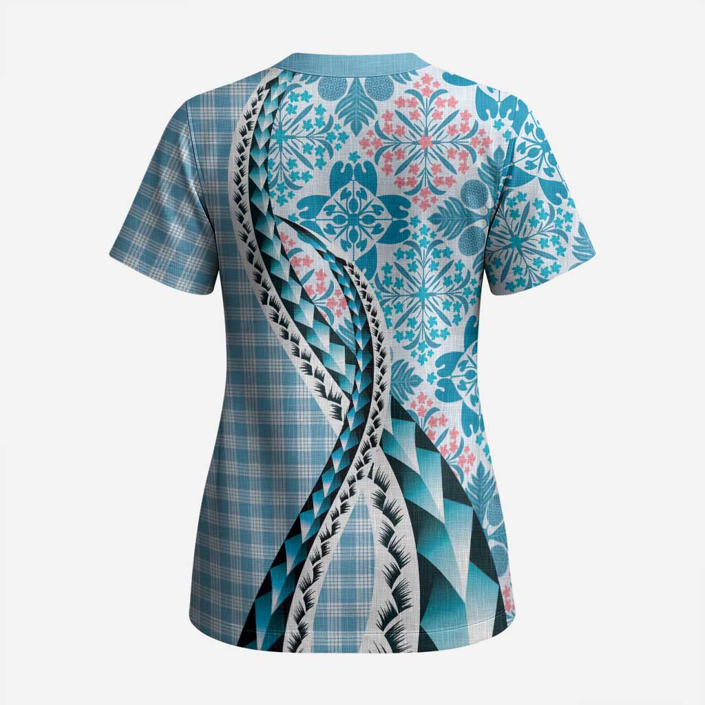 Aloha Vintage Palaka Floral Hawaiian Quilt Scrub Top Uliuli Motif - Polynesian Pride