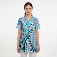 Aloha Vintage Palaka Floral Hawaiian Quilt Scrub Top Uliuli Motif - Polynesian Pride