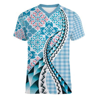 Aloha Vintage Palaka Floral Hawaiian Quilt Women V-Neck T-Shirt Uliuli Motif - Polynesian Pride