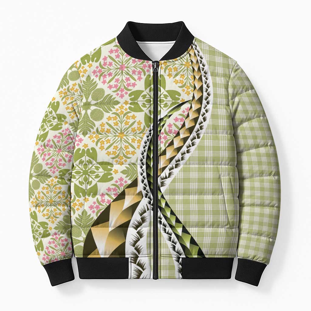 Aloha Vintage Palaka Floral Hawaiian Quilt Bomber Puffer Jacket Omaomao Motif - Polynesian Pride