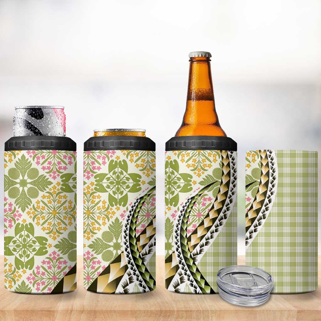 Aloha Vintage Palaka Floral Hawaiian Quilt 4 in 1 Can Cooler Tumbler Omaomao Motif - Polynesian Pride