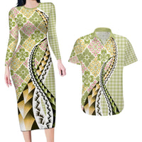 Aloha Vintage Palaka Floral Hawaiian Quilt Couples Matching Long Sleeve Bodycon Dress and Hawaiian Shirt Omaomao Motif - Polynesian Pride