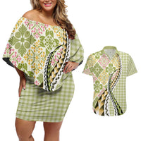 Aloha Vintage Palaka Floral Hawaiian Quilt Couples Matching Off Shoulder Short Dress and Hawaiian Shirt Omaomao Motif - Polynesian Pride