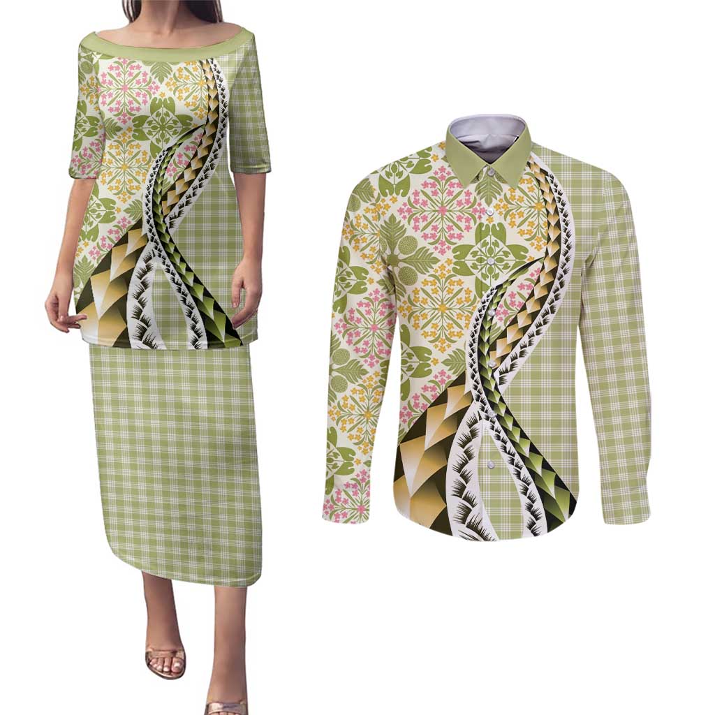 Aloha Vintage Palaka Floral Hawaiian Quilt Couples Matching Puletasi and Long Sleeve Button Shirt Omaomao Motif - Polynesian Pride
