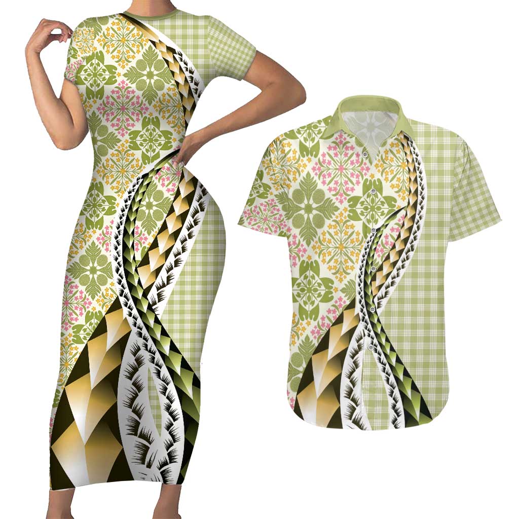 Aloha Vintage Palaka Floral Hawaiian Quilt Couples Matching Short Sleeve Bodycon Dress and Hawaiian Shirt Omaomao Motif - Polynesian Pride