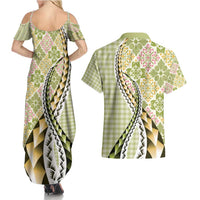 Aloha Vintage Palaka Floral Hawaiian Quilt Couples Matching Summer Maxi Dress and Hawaiian Shirt Omaomao Motif - Polynesian Pride