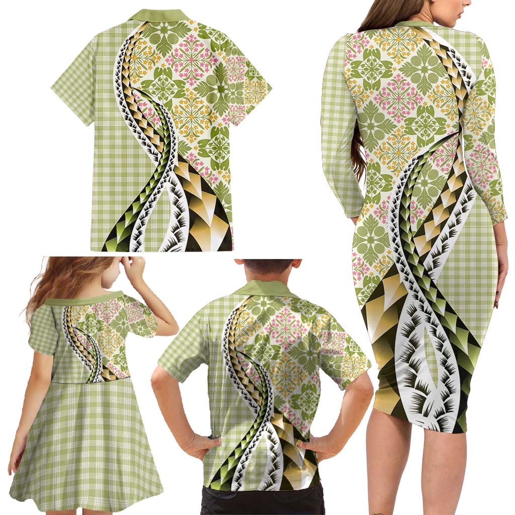 Aloha Vintage Palaka Floral Hawaiian Quilt Family Matching Long Sleeve Bodycon Dress and Hawaiian Shirt Omaomao Motif - Polynesian Pride