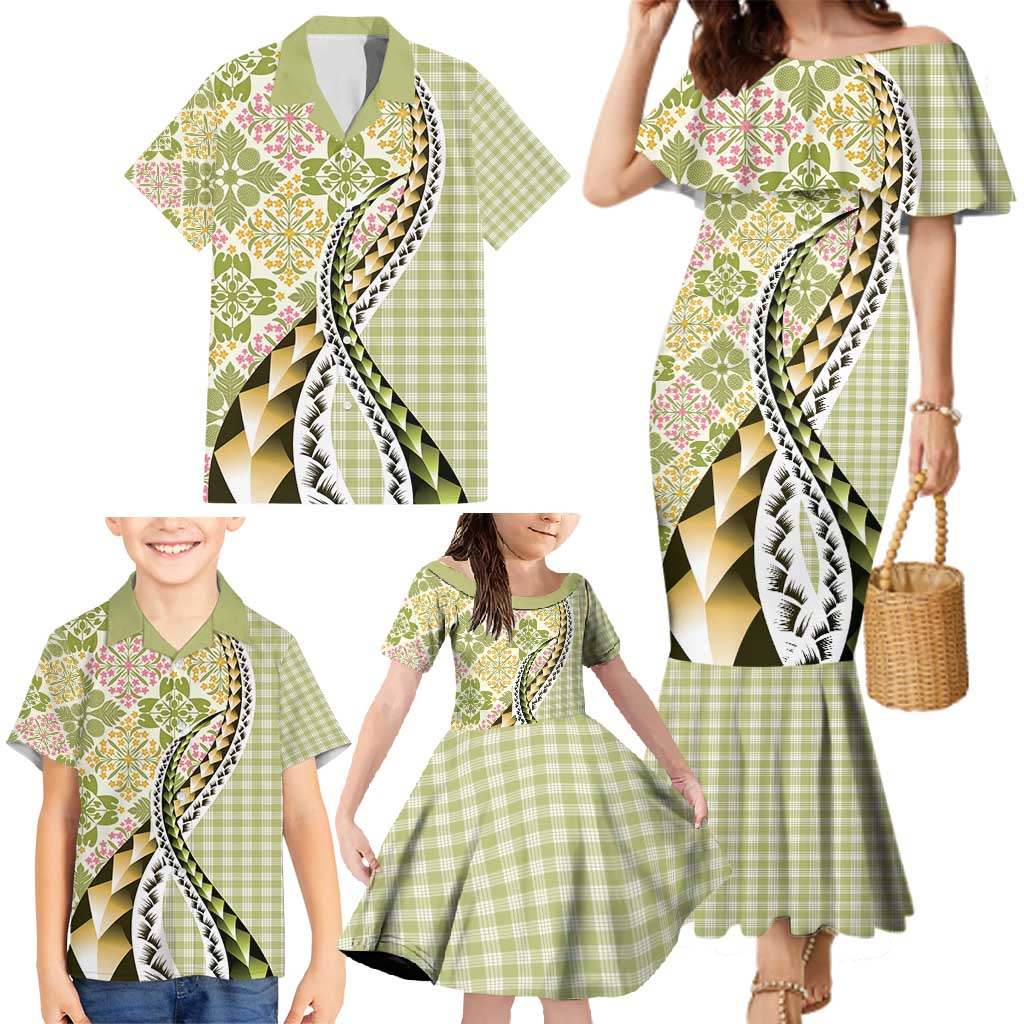 Aloha Vintage Palaka Floral Hawaiian Quilt Family Matching Mermaid Dress and Hawaiian Shirt Omaomao Motif - Polynesian Pride