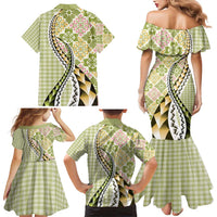 Aloha Vintage Palaka Floral Hawaiian Quilt Family Matching Mermaid Dress and Hawaiian Shirt Omaomao Motif - Polynesian Pride