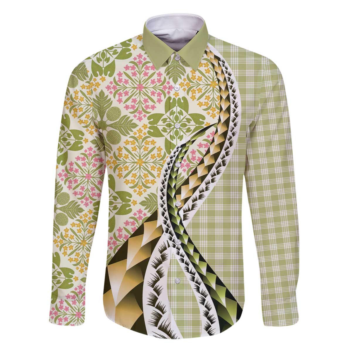 Aloha Vintage Palaka Floral Hawaiian Quilt Family Matching Off The Shoulder Long Sleeve Dress and Hawaiian Shirt Omaomao Motif - Polynesian Pride