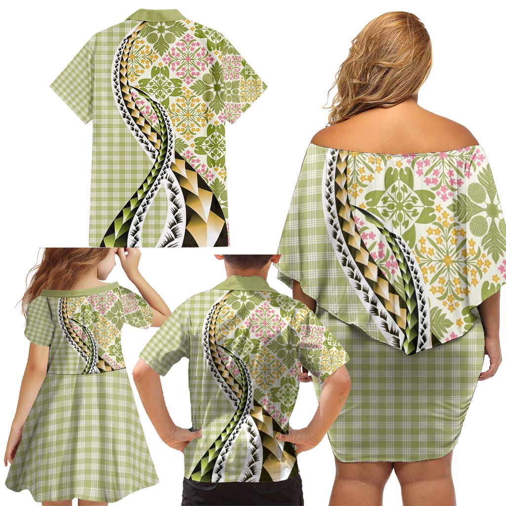 Aloha Vintage Palaka Floral Hawaiian Quilt Family Matching Off Shoulder Short Dress and Hawaiian Shirt Omaomao Motif - Polynesian Pride