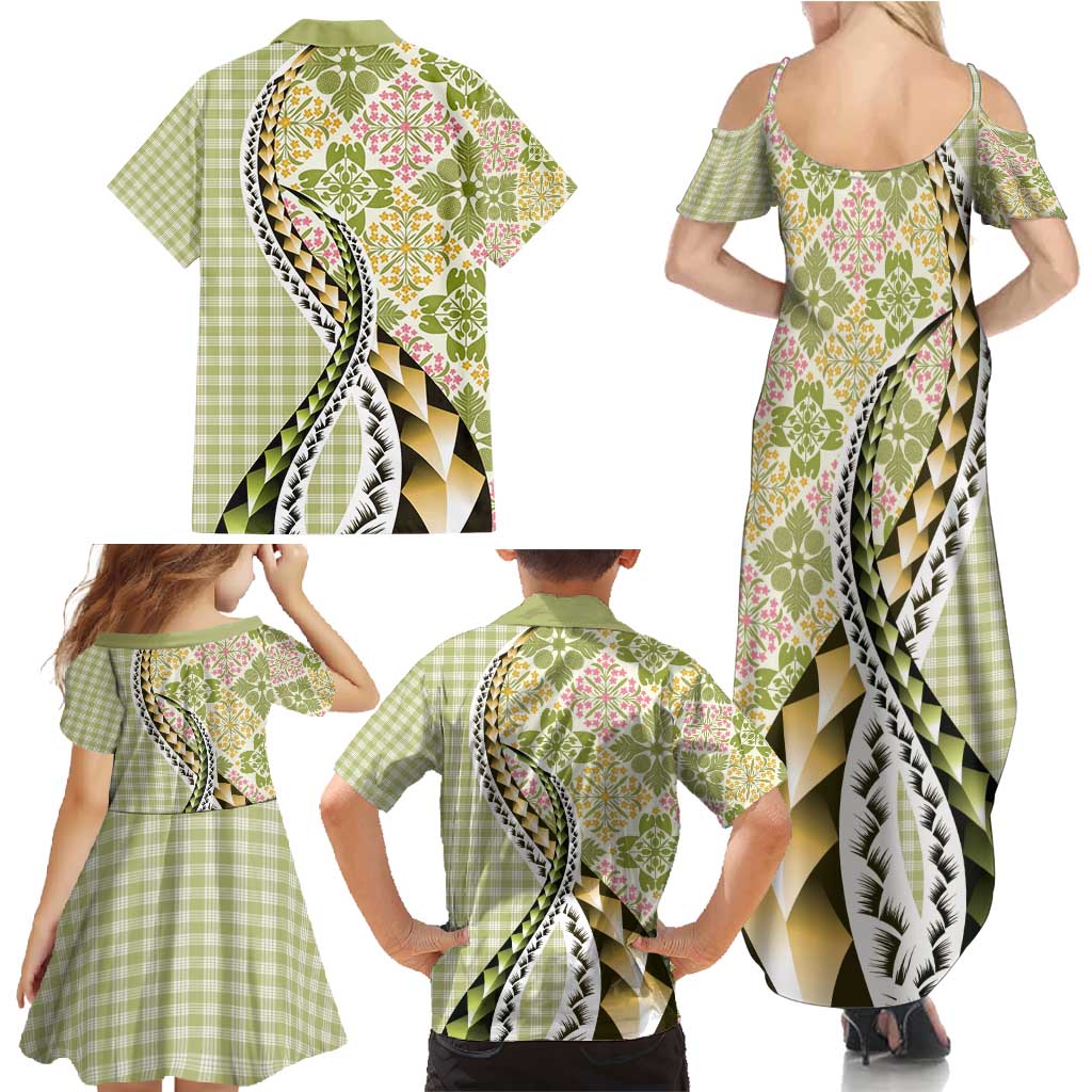 Aloha Vintage Palaka Floral Hawaiian Quilt Family Matching Summer Maxi Dress and Hawaiian Shirt Omaomao Motif - Polynesian Pride