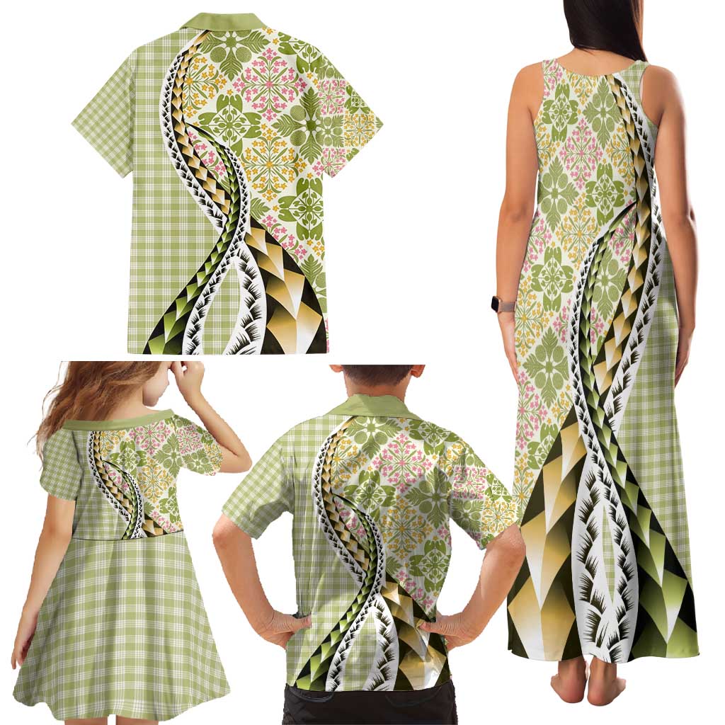Aloha Vintage Palaka Floral Hawaiian Quilt Family Matching Tank Maxi Dress and Hawaiian Shirt Omaomao Motif - Polynesian Pride