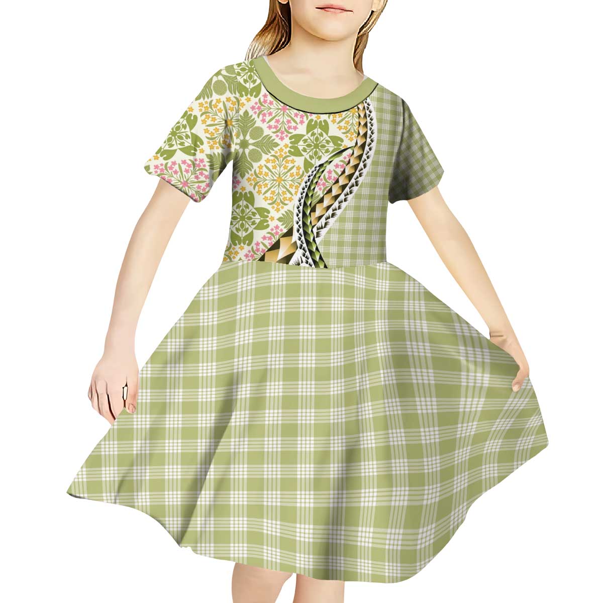 Aloha Vintage Palaka Floral Hawaiian Quilt Kid Short Sleeve Dress Omaomao Motif - Polynesian Pride