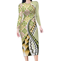 Aloha Vintage Palaka Floral Hawaiian Quilt Long Sleeve Bodycon Dress Omaomao Motif - Polynesian Pride