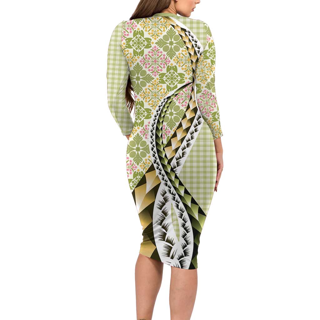 Aloha Vintage Palaka Floral Hawaiian Quilt Long Sleeve Bodycon Dress Omaomao Motif - Polynesian Pride