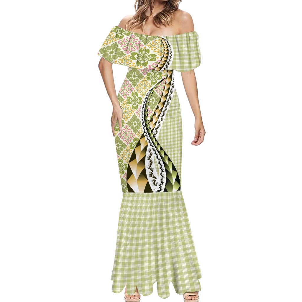 Aloha Vintage Palaka Floral Hawaiian Quilt Mermaid Dress Omaomao Motif - Polynesian Pride