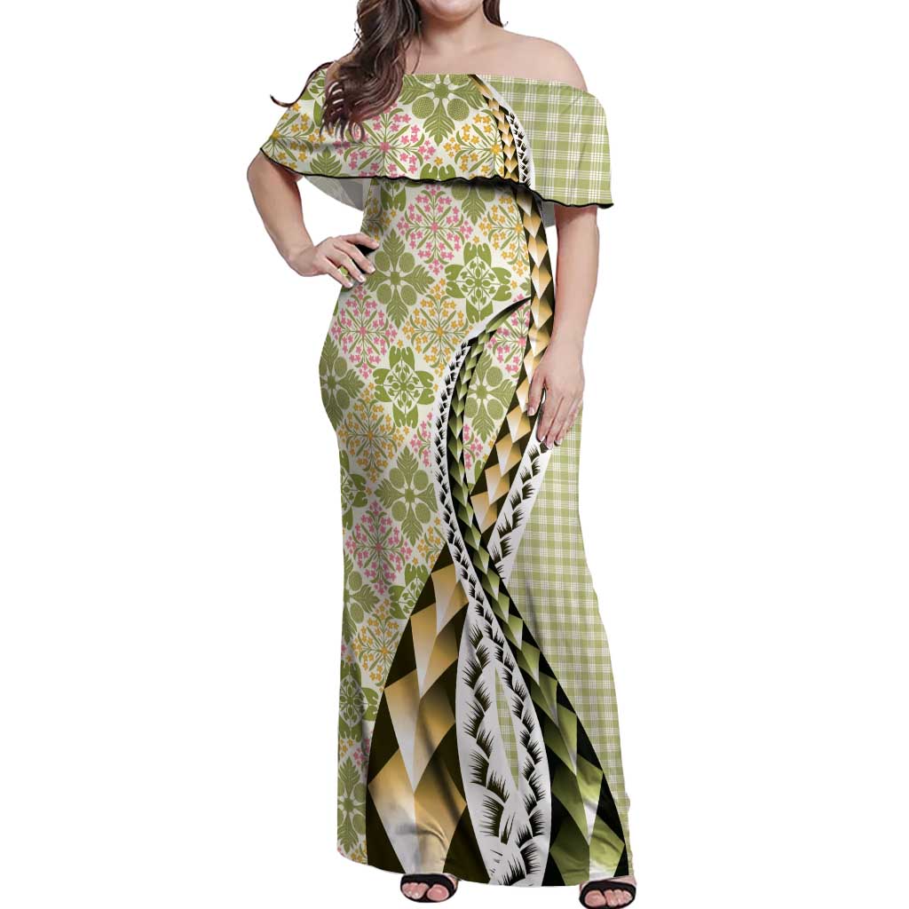 Aloha Vintage Palaka Floral Hawaiian Quilt Off Shoulder Maxi Dress Omaomao Motif - Polynesian Pride