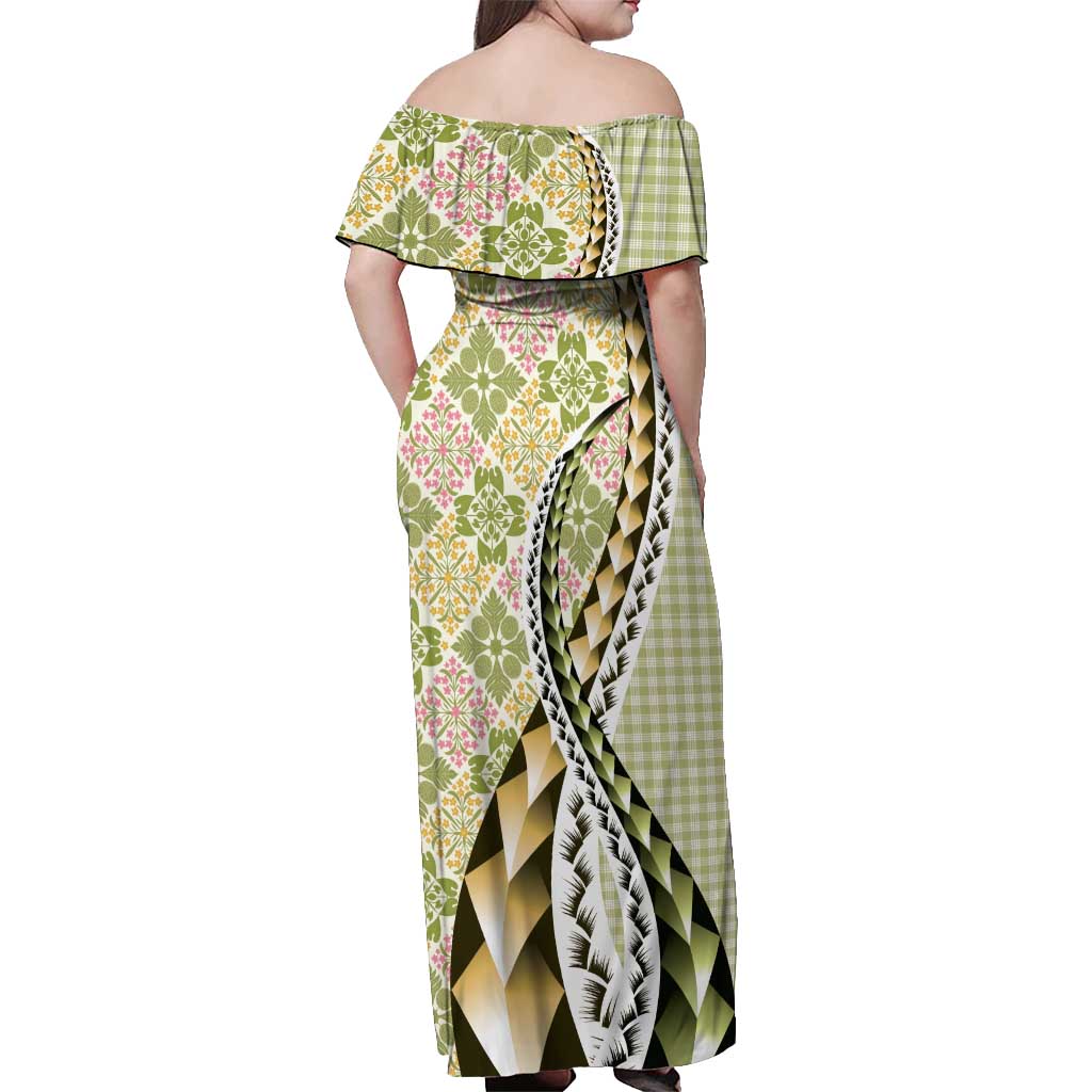 Aloha Vintage Palaka Floral Hawaiian Quilt Off Shoulder Maxi Dress Omaomao Motif - Polynesian Pride