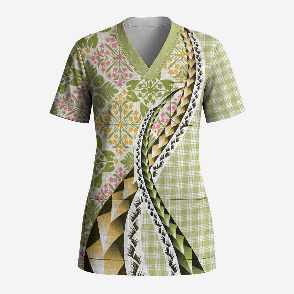 Aloha Vintage Palaka Floral Hawaiian Quilt Scrub Top Omaomao Motif - Polynesian Pride