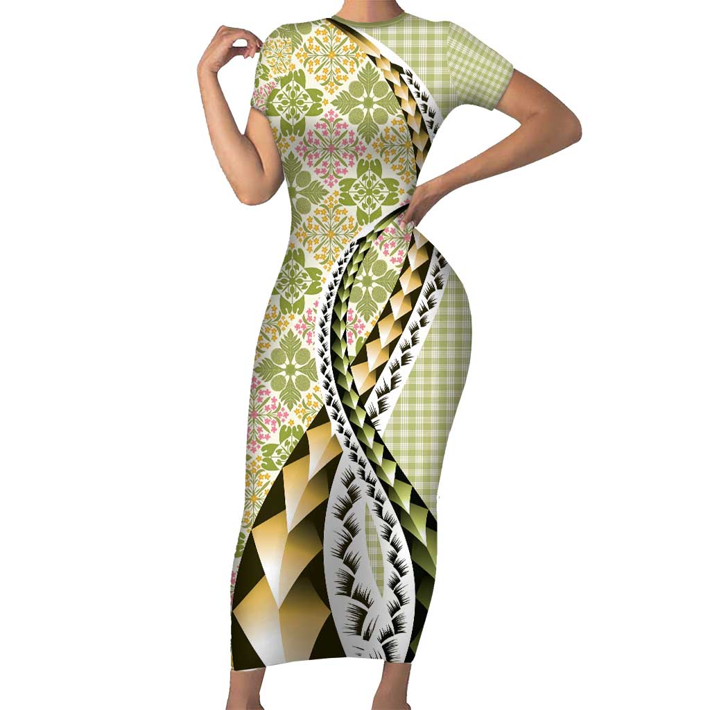 Aloha Vintage Palaka Floral Hawaiian Quilt Short Sleeve Bodycon Dress Omaomao Motif - Polynesian Pride