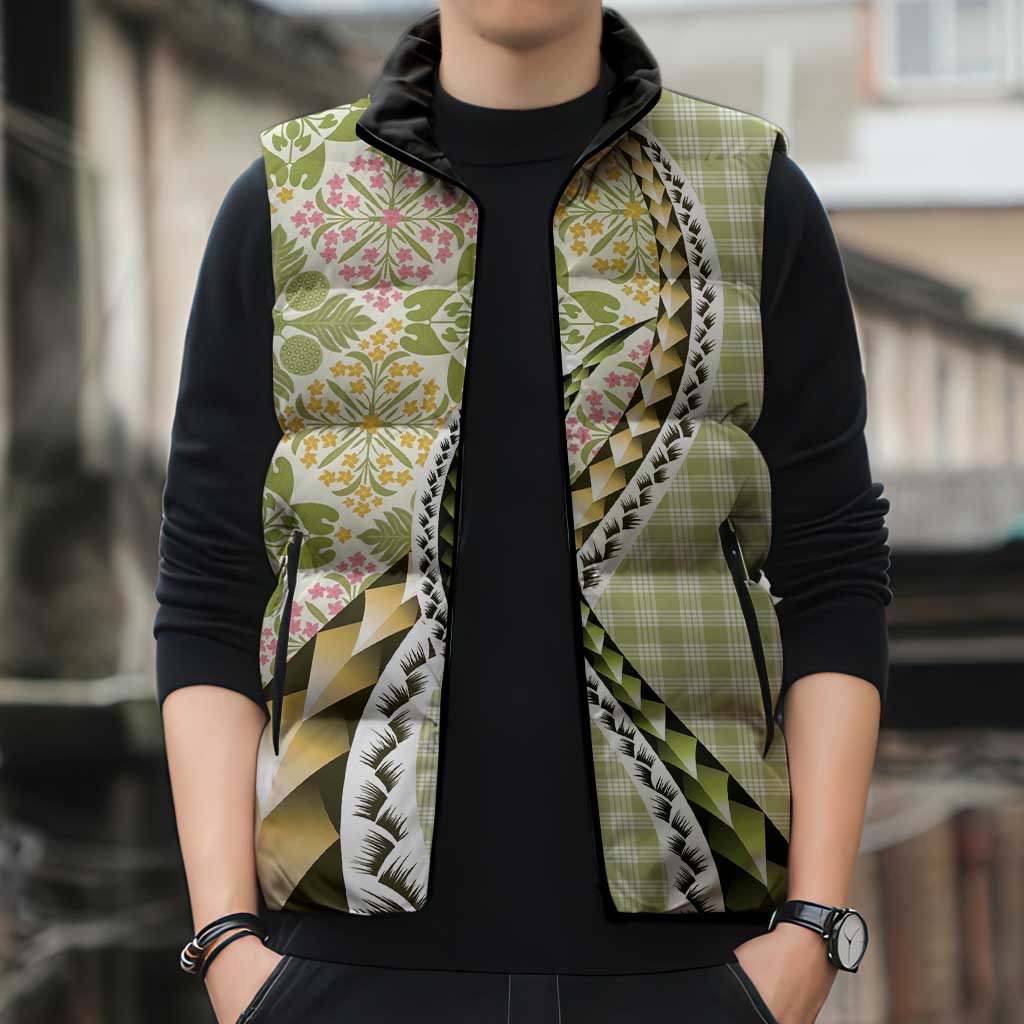 Aloha Vintage Palaka Floral Hawaiian Quilt Sleeveless Puffer Jacket Omaomao Motif - Polynesian Pride