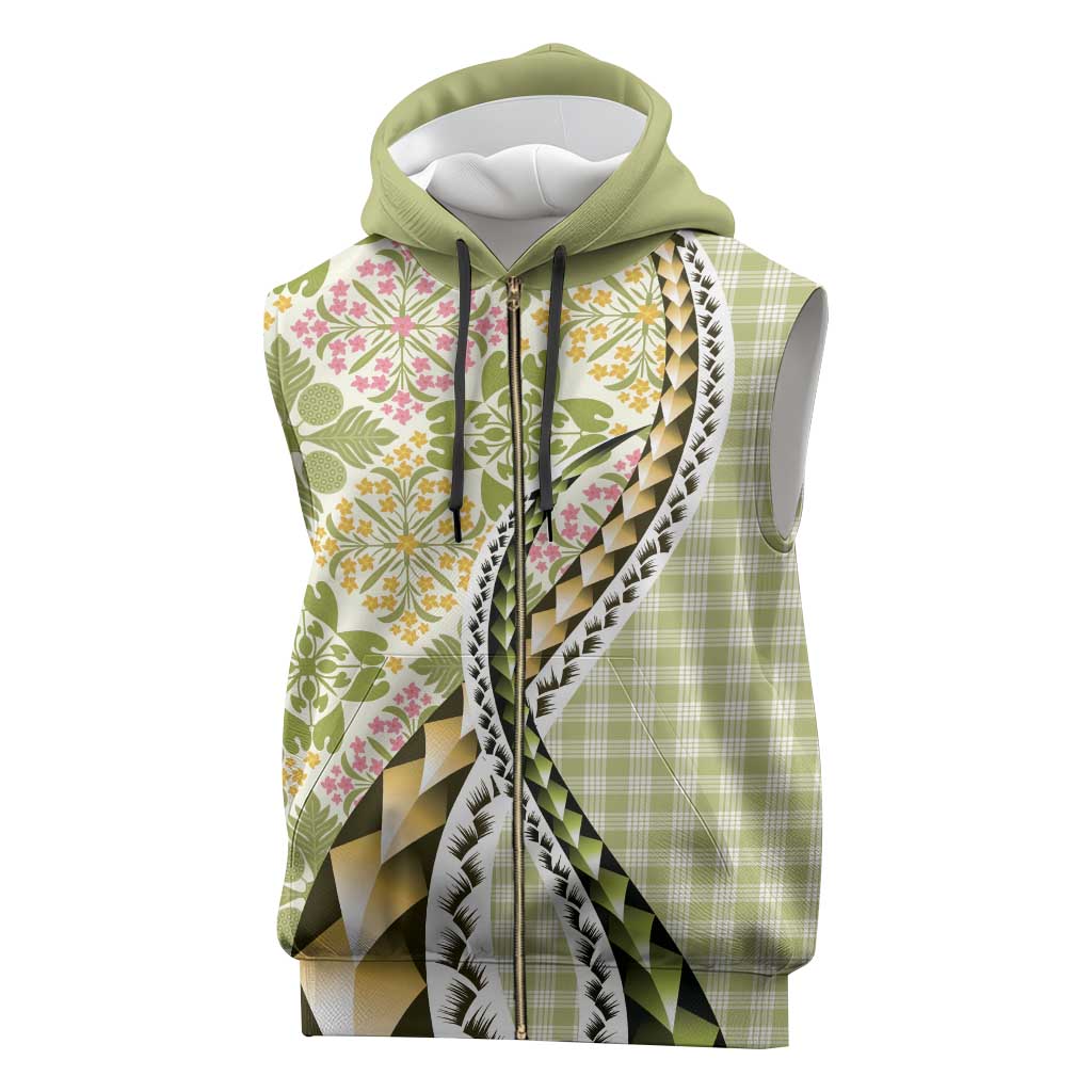 Aloha Vintage Palaka Floral Hawaiian Quilt Sleeveless Zip Hoodie Omaomao Motif - Polynesian Pride