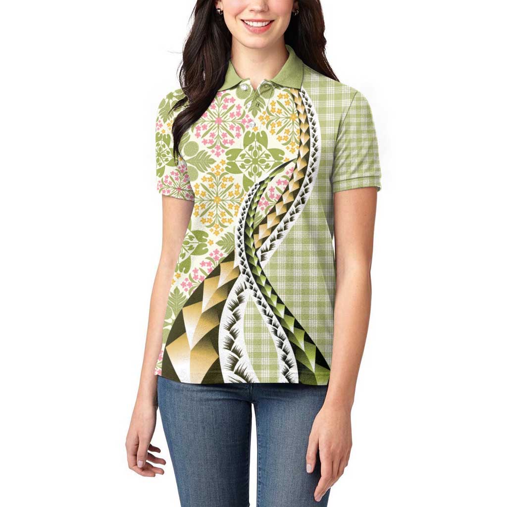 Aloha Vintage Palaka Floral Hawaiian Quilt Women Polo Shirt Omaomao Motif - Polynesian Pride