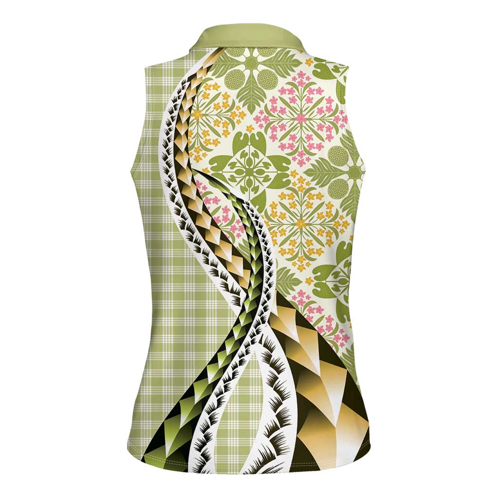 Aloha Vintage Palaka Floral Hawaiian Quilt Women Sleeveless Polo Shirt Omaomao Motif - Polynesian Pride