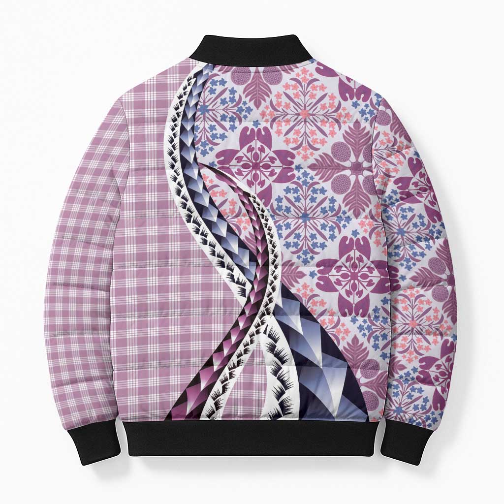 Aloha Vintage Palaka Floral Hawaiian Quilt Bomber Puffer Jacket Akala Motif - Polynesian Pride