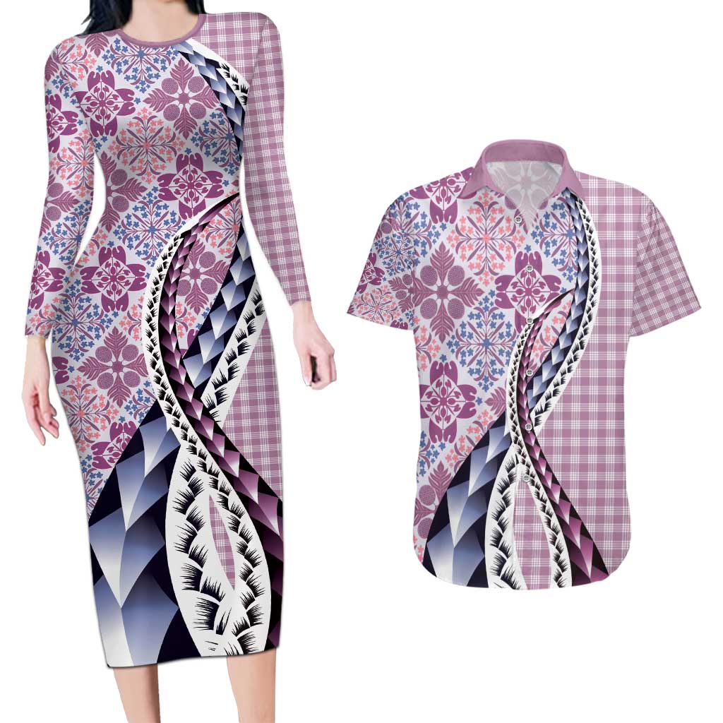 Aloha Vintage Palaka Floral Hawaiian Quilt Couples Matching Long Sleeve Bodycon Dress and Hawaiian Shirt Akala Motif - Polynesian Pride