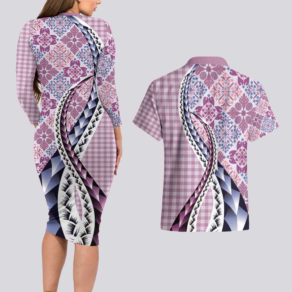 Aloha Vintage Palaka Floral Hawaiian Quilt Couples Matching Long Sleeve Bodycon Dress and Hawaiian Shirt Akala Motif - Polynesian Pride