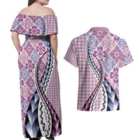 Aloha Vintage Palaka Floral Hawaiian Quilt Couples Matching Off Shoulder Maxi Dress and Hawaiian Shirt Akala Motif - Polynesian Pride