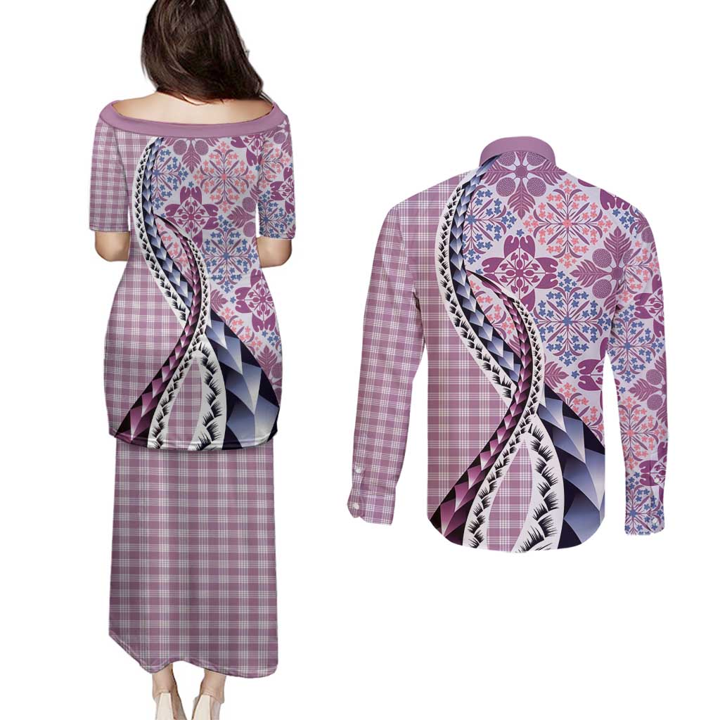 Aloha Vintage Palaka Floral Hawaiian Quilt Couples Matching Puletasi and Long Sleeve Button Shirt Akala Motif - Polynesian Pride