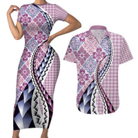 Aloha Vintage Palaka Floral Hawaiian Quilt Couples Matching Short Sleeve Bodycon Dress and Hawaiian Shirt Akala Motif - Polynesian Pride