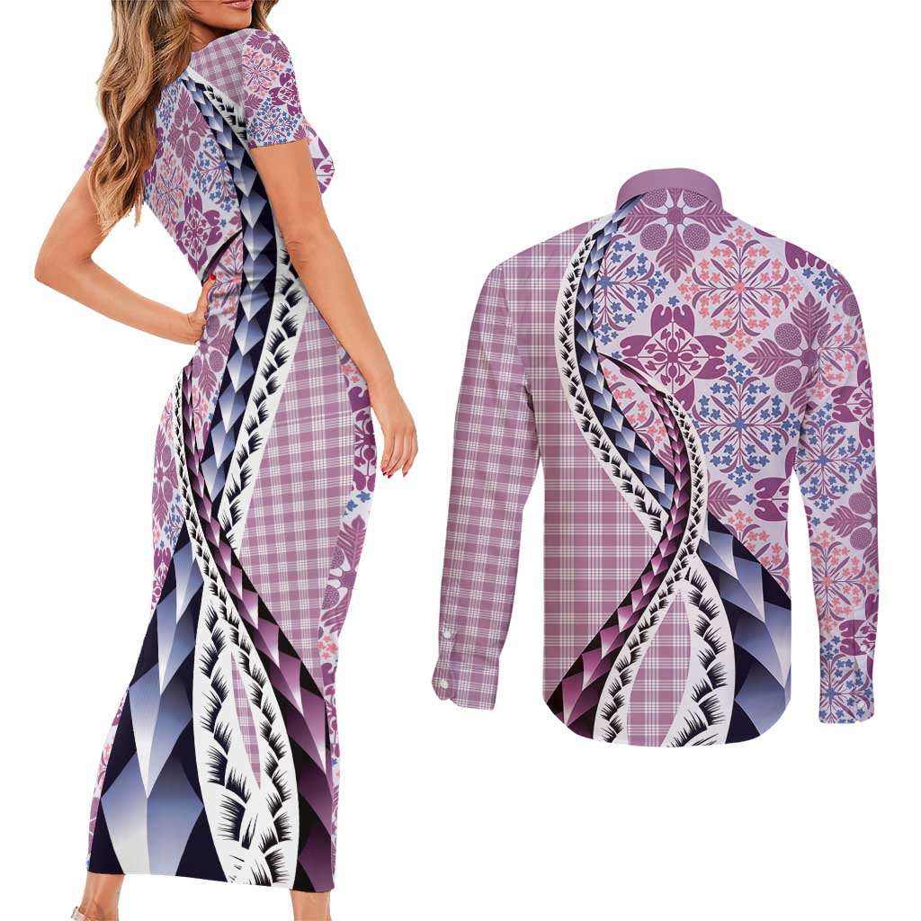 Aloha Vintage Palaka Floral Hawaiian Quilt Couples Matching Short Sleeve Bodycon Dress and Long Sleeve Button Shirt Akala Motif - Polynesian Pride