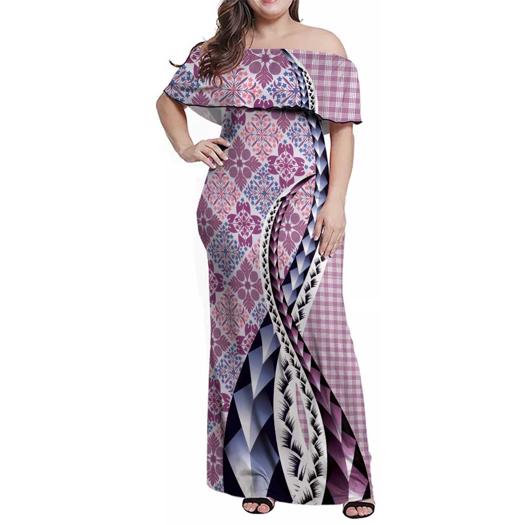 Aloha Vintage Palaka Floral Hawaiian Quilt Family Matching Off Shoulder Maxi Dress and Hawaiian Shirt Akala Motif - Polynesian Pride