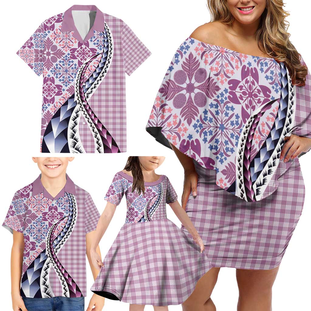Aloha Vintage Palaka Floral Hawaiian Quilt Family Matching Off Shoulder Short Dress and Hawaiian Shirt Akala Motif - Polynesian Pride