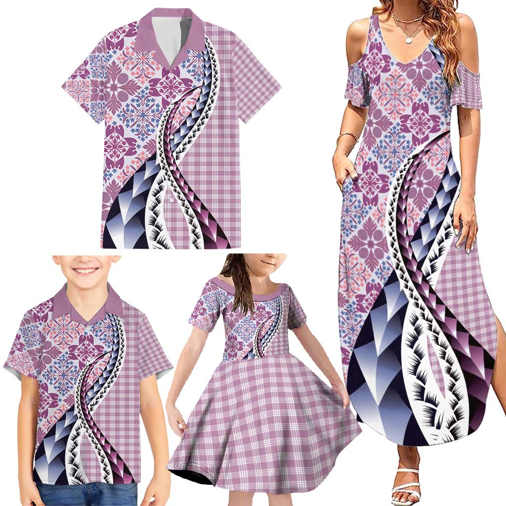 Aloha Vintage Palaka Floral Hawaiian Quilt Family Matching Summer Maxi Dress and Hawaiian Shirt Akala Motif - Polynesian Pride