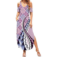 Aloha Vintage Palaka Floral Hawaiian Quilt Family Matching Summer Maxi Dress and Hawaiian Shirt Akala Motif - Polynesian Pride