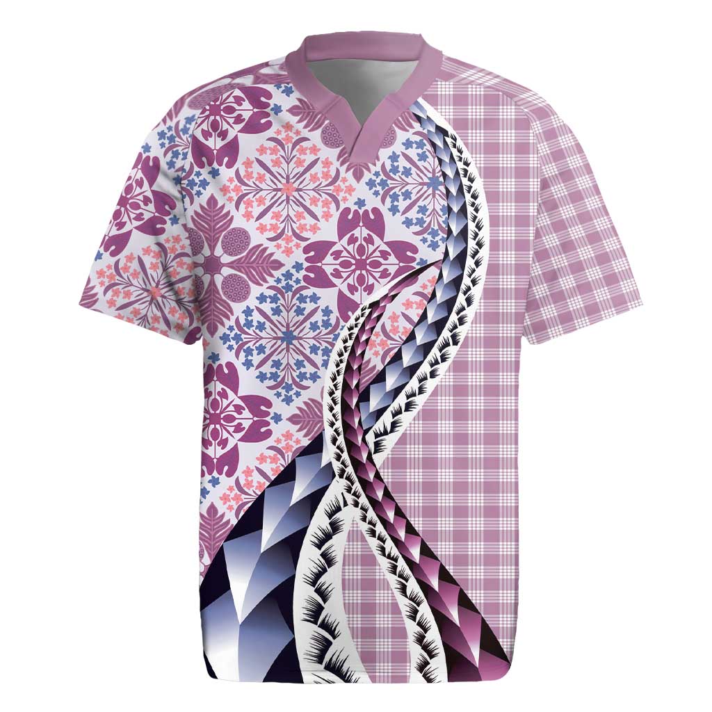 Aloha Vintage Palaka Floral Hawaiian Quilt Rugby Jersey Akala Motif - Polynesian Pride