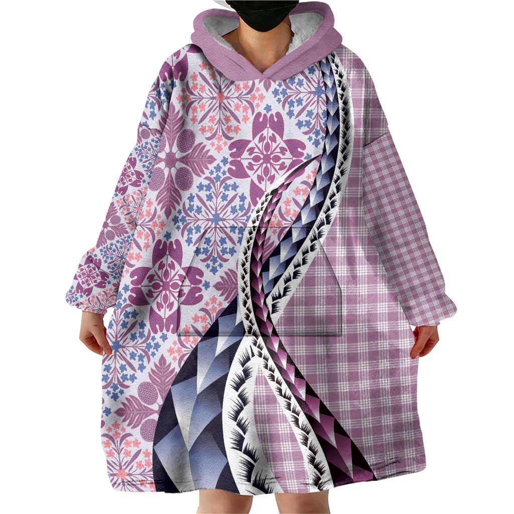 Aloha Vintage Palaka Floral Hawaiian Quilt Wearable Blanket Hoodie Akala Motif - Polynesian Pride