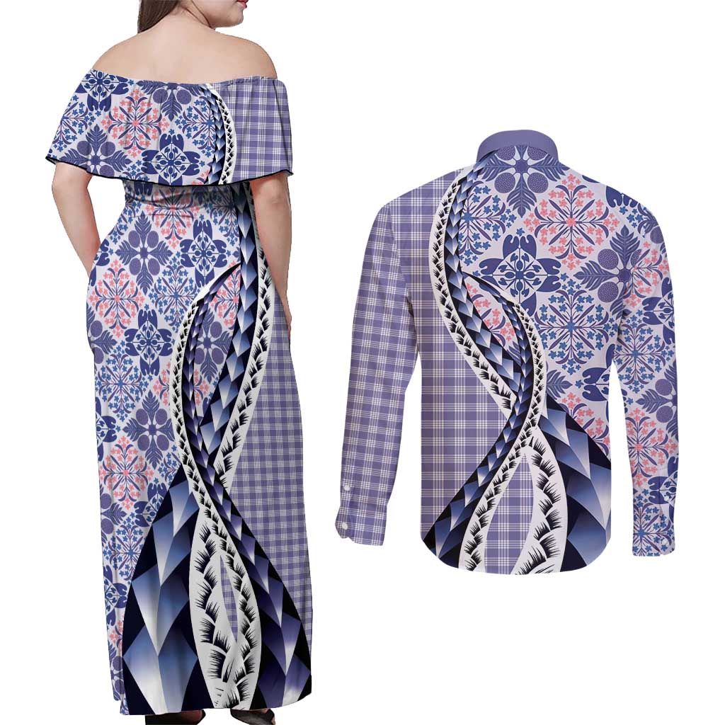 Aloha Vintage Palaka Floral Hawaiian Quilt Couples Matching Off Shoulder Maxi Dress and Long Sleeve Button Shirt Poni Motif - Polynesian Pride