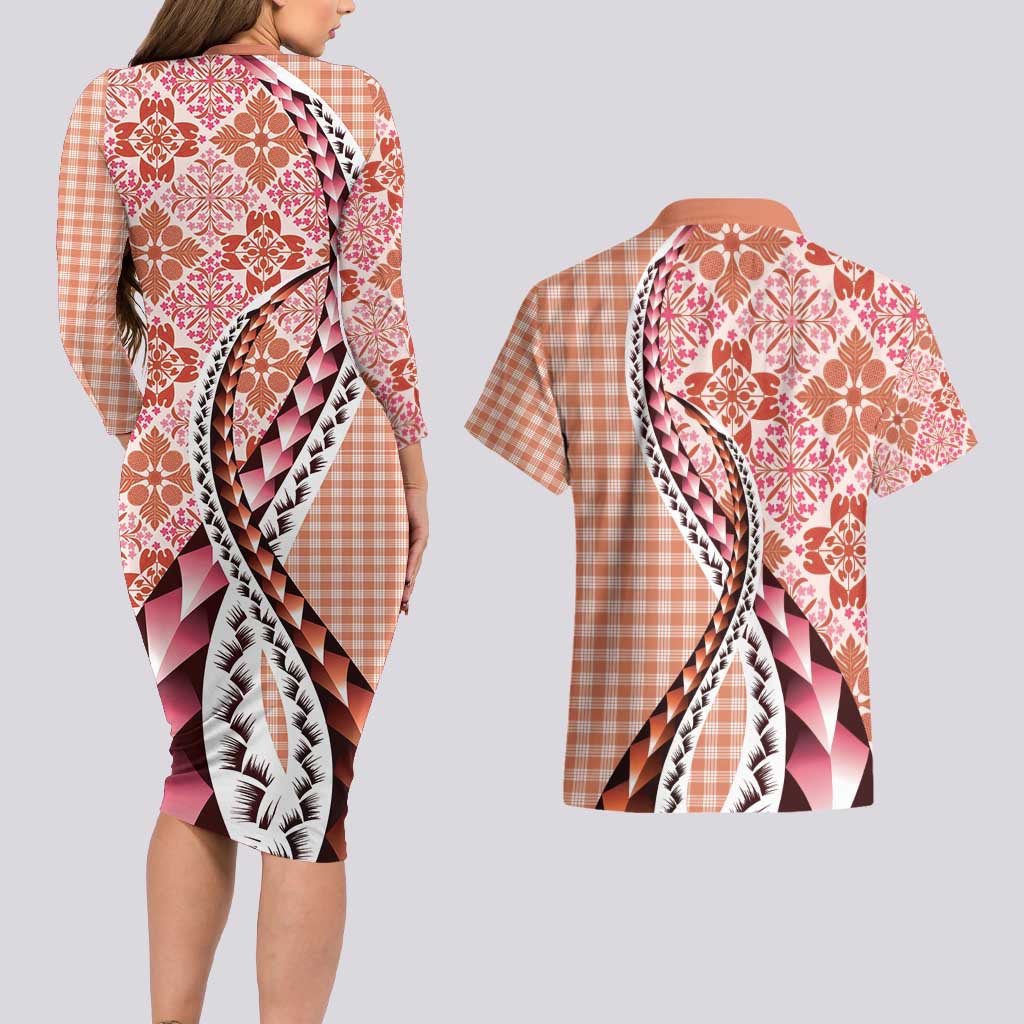 Aloha Vintage Palaka Floral Hawaiian Quilt Couples Matching Long Sleeve Bodycon Dress and Hawaiian Shirt Ulaula Motif - Polynesian Pride