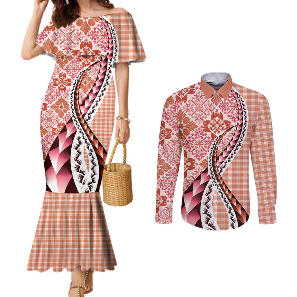 Aloha Vintage Palaka Floral Hawaiian Quilt Couples Matching Mermaid Dress and Long Sleeve Button Shirt Ulaula Motif - Polynesian Pride