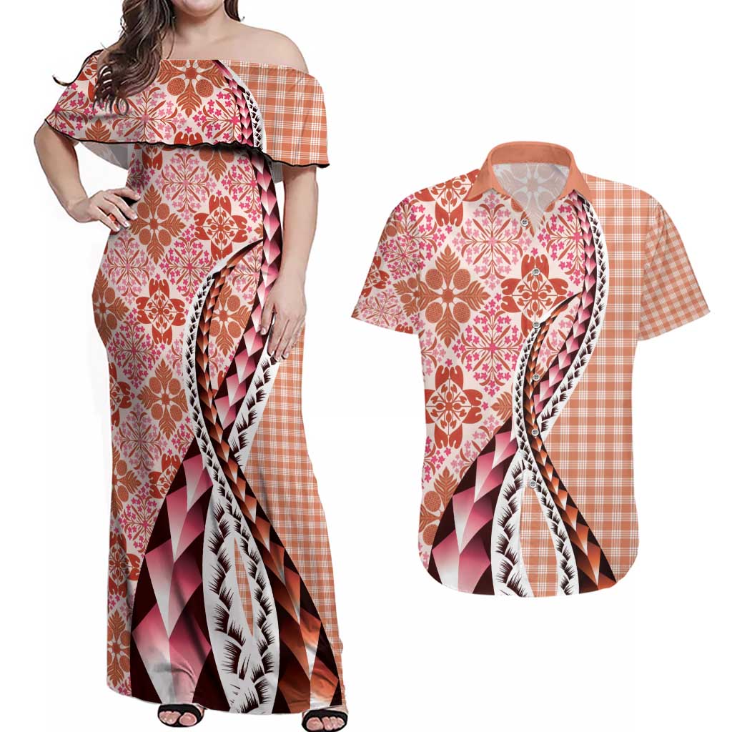 Aloha Vintage Palaka Floral Hawaiian Quilt Couples Matching Off Shoulder Maxi Dress and Hawaiian Shirt Ulaula Motif - Polynesian Pride
