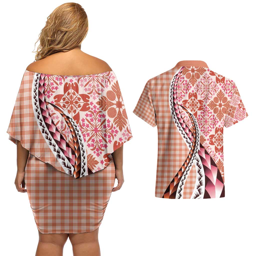 Aloha Vintage Palaka Floral Hawaiian Quilt Couples Matching Off Shoulder Short Dress and Hawaiian Shirt Ulaula Motif - Polynesian Pride