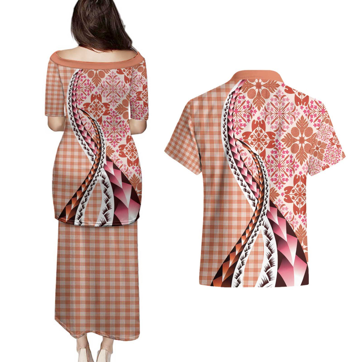 Aloha Vintage Palaka Floral Hawaiian Quilt Couples Matching Puletasi and Hawaiian Shirt Ulaula Motif - Polynesian Pride