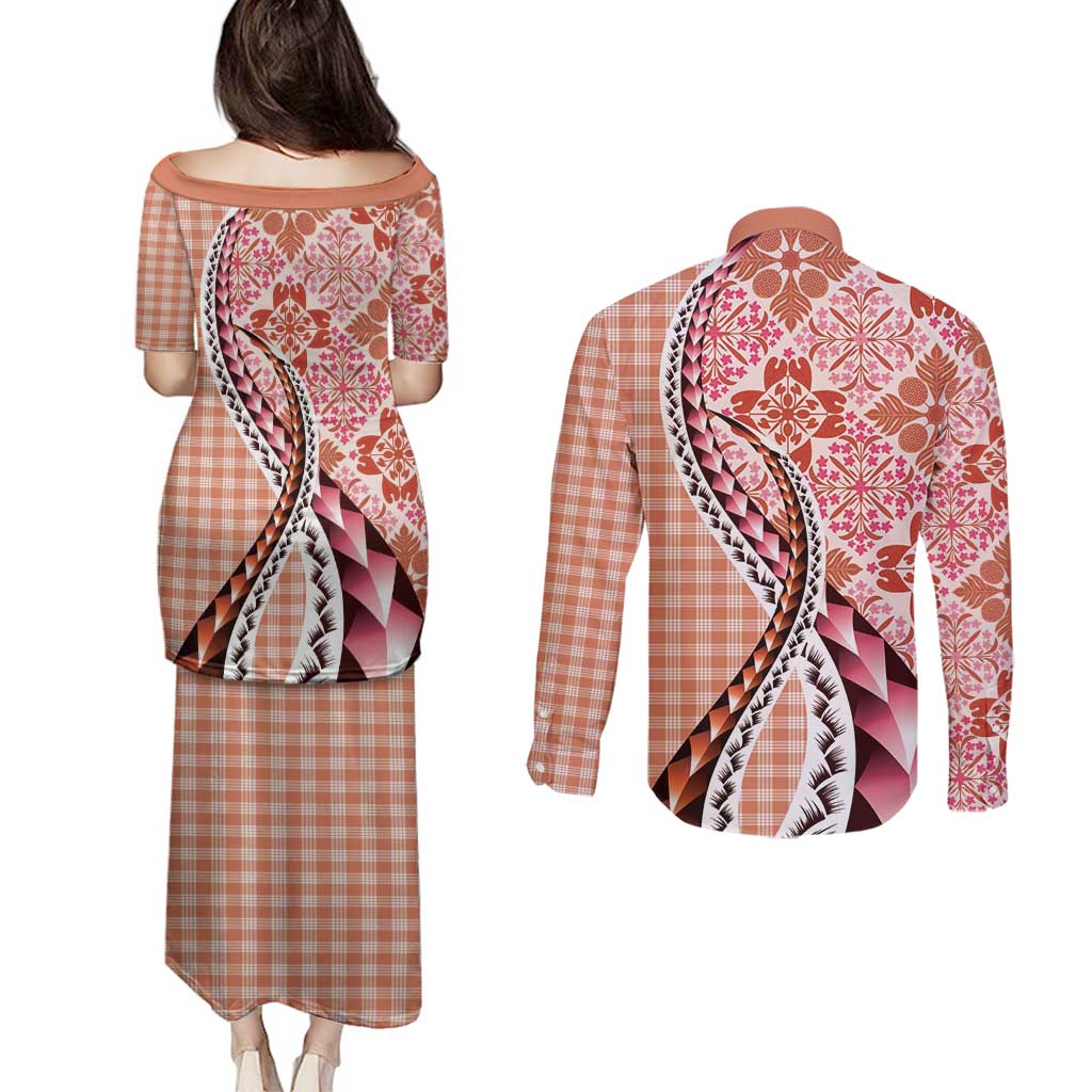 Aloha Vintage Palaka Floral Hawaiian Quilt Couples Matching Puletasi and Long Sleeve Button Shirt Ulaula Motif - Polynesian Pride